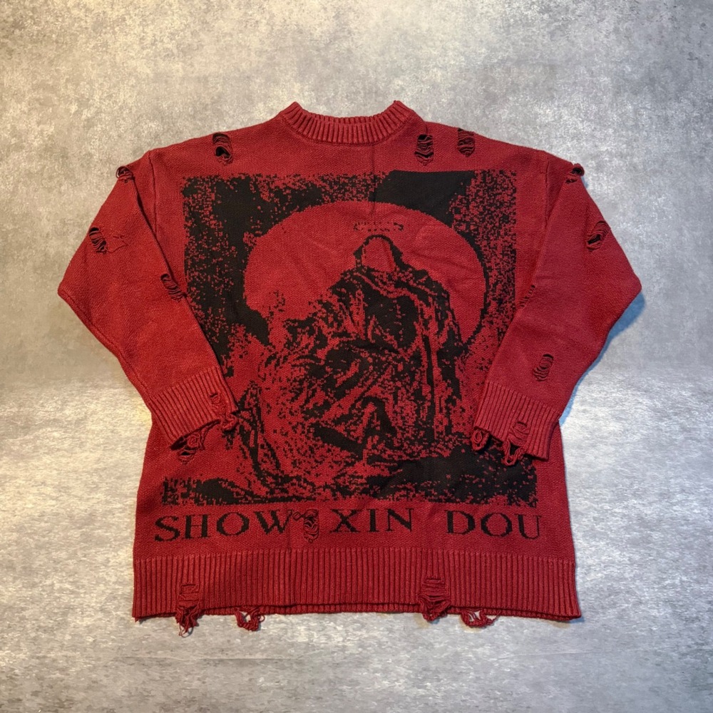SXD Show Xin Dou Distressed Knit Graphic Sweater Red Mens Large Grim Reaper - Picture 1 of 6